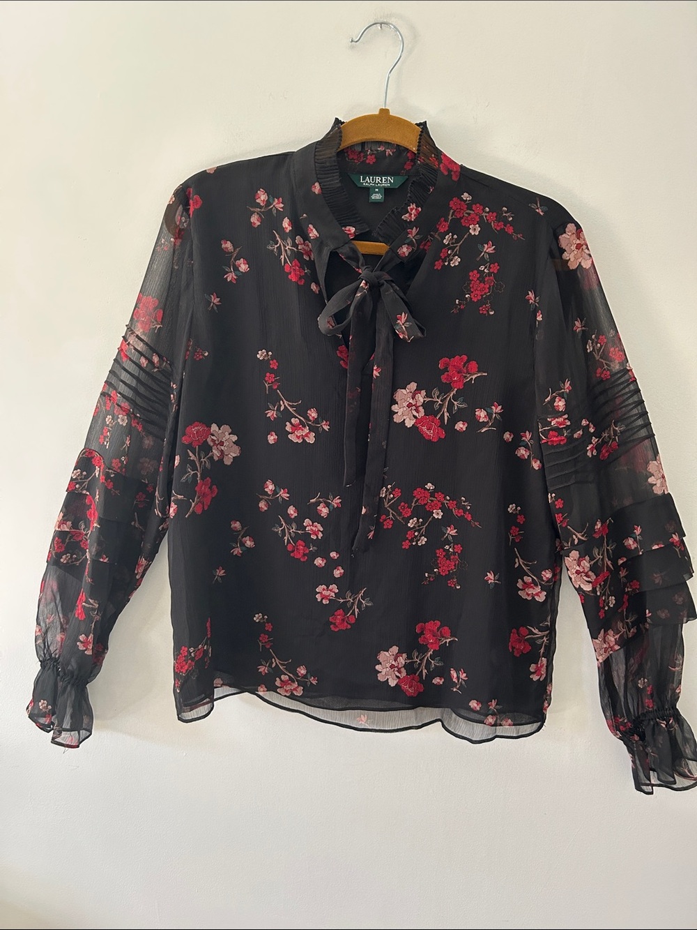 Lauren Ralph Lauren Dark Floral Tie-Neck Chiffon Blouse Dramatic Ruffled Sleeves - Picture 14 of 14